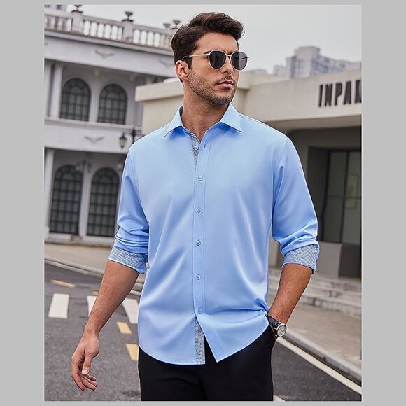 Men's Dress Shirts Long Sleeve Blue - Picture 5 of 8